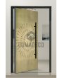Pivot door with yellow brass texture of milled metal