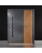 Aluminiowe drzwi pivot z pionowymi listwami z profili aluminiowych